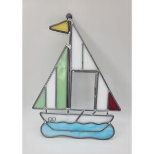 VTG Stained Glass Suncatcher Sailing Vessel w/Built-In Photo Frame Window Wall